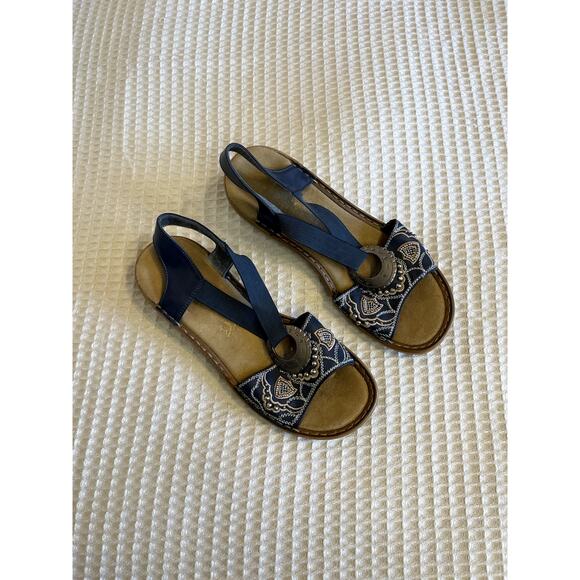 Riker Navy Boho Blue Beaded Detail Regina Heeled Sling Back Comfort Sandals S 39 - Picture 7 of 8